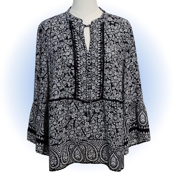 FLOWY BELL SLEEVE FLORAL PAISLEY PRINT LACE DETAIL WOMEN'S BLOUSE TOP L - Picture 1 of 5